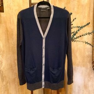 Claiborne Navy/Charcoal Gray/Lt Gray Merino Wool Button-Down Sweater.  Men’s L.